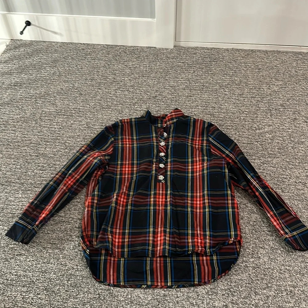 J. Crew Black Red Plaid Button Pullover Top